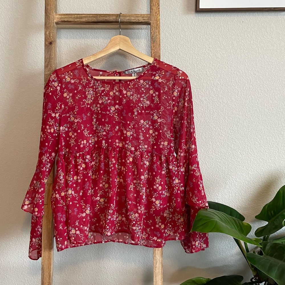 Almost Famous | Red Floral Sheer Baby Doll Flowy Top